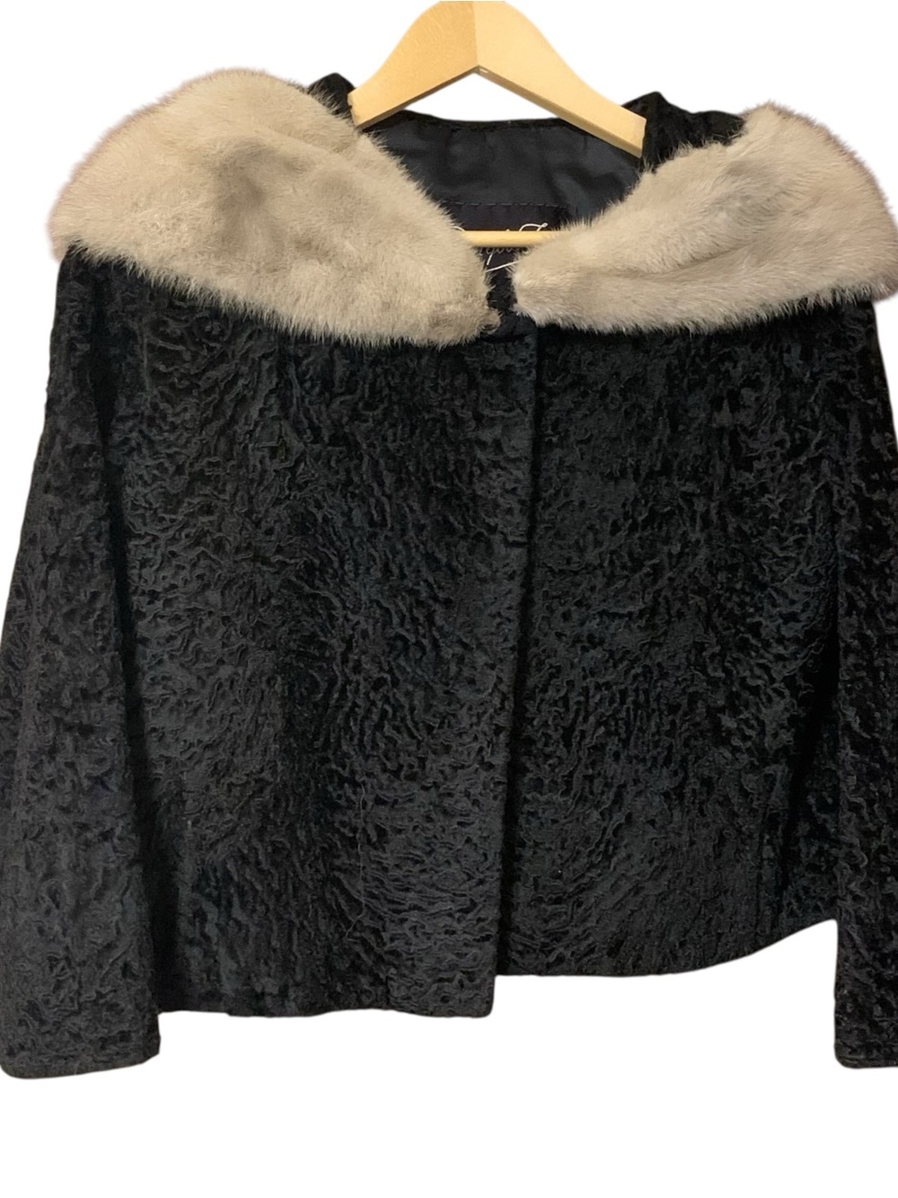 Vintage Fur Coat M/L Black Curly Lamb Crop Length Fox Collar 3/4 Sleeve